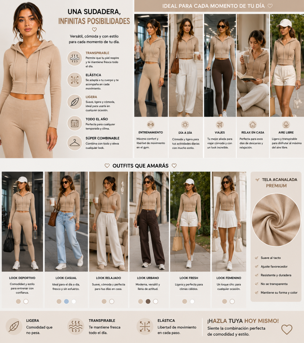Hoodie Crop Top Mujer con Capucha Cierre Frontal y Tejido Canale Entallado