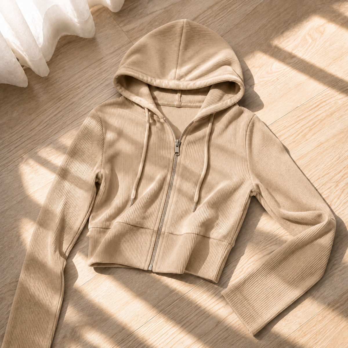 Hoodie Crop Top Mujer con Capucha Cierre Frontal y Tejido Canale Entallado