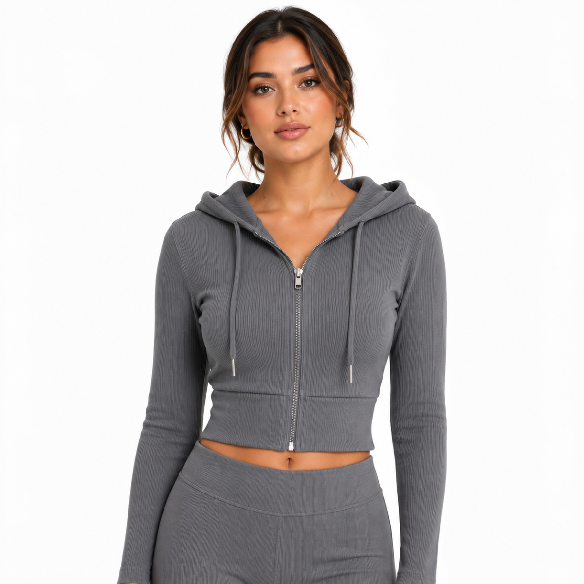 Hoodie Crop Top Mujer con Capucha Cierre Frontal y Tejido Canale Entallado