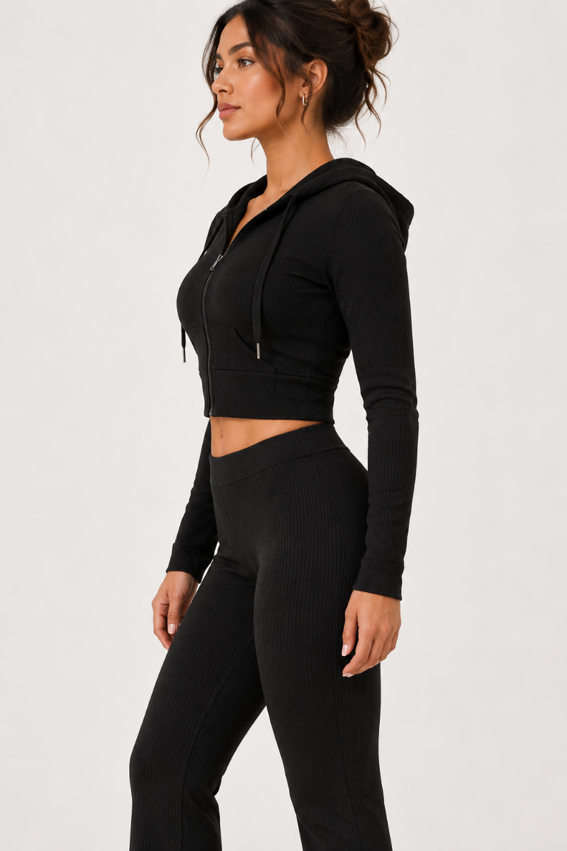 Hoodie Crop Top Mujer con Capucha Cierre Frontal y Tejido Canale Entallado