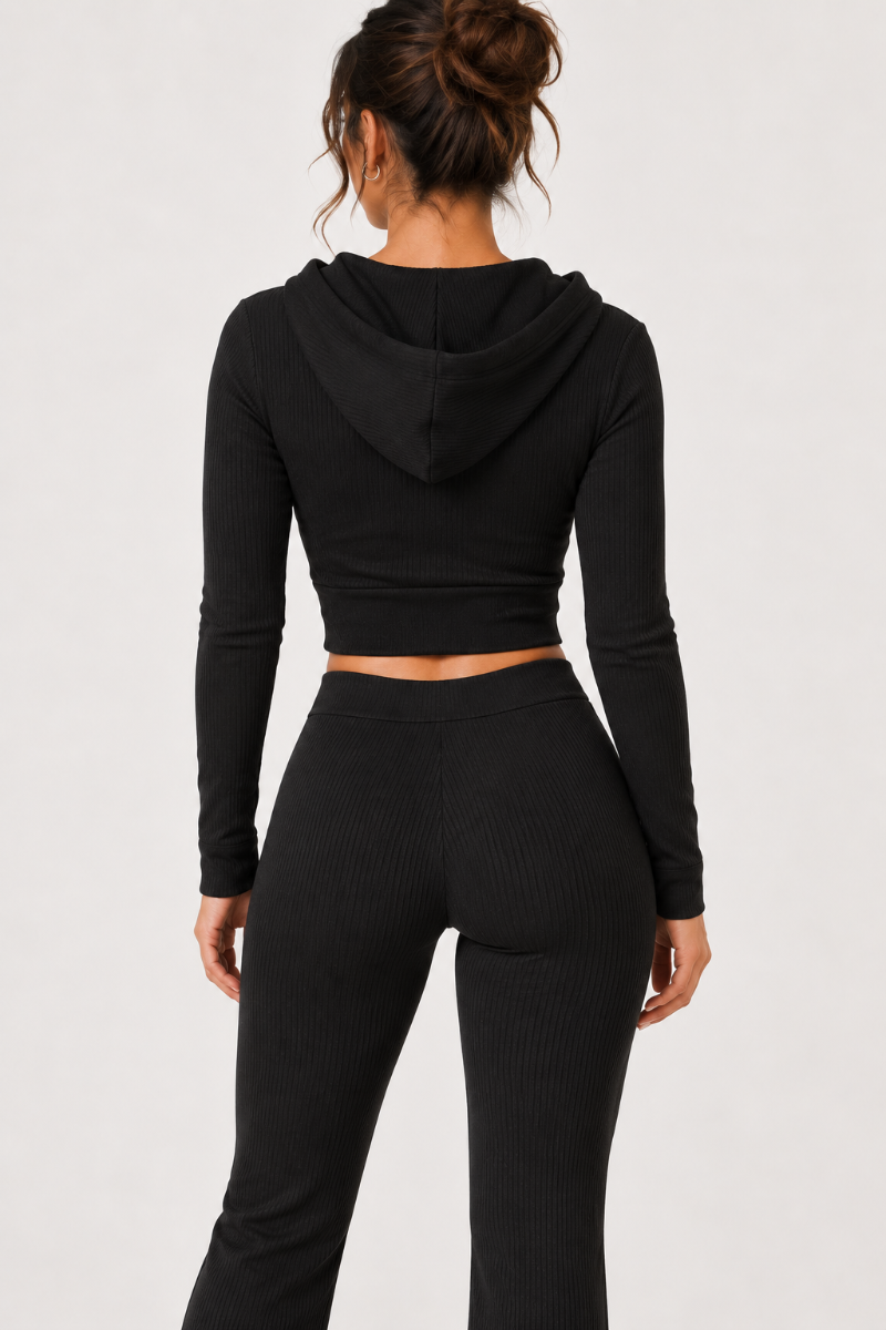 Hoodie Crop Top Mujer con Capucha Cierre Frontal y Tejido Canale Entallado