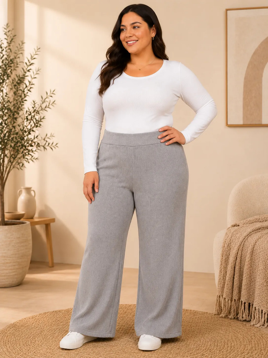 Pantalón Plus Size Corte Pierna Ancha Acanalado Para Dama