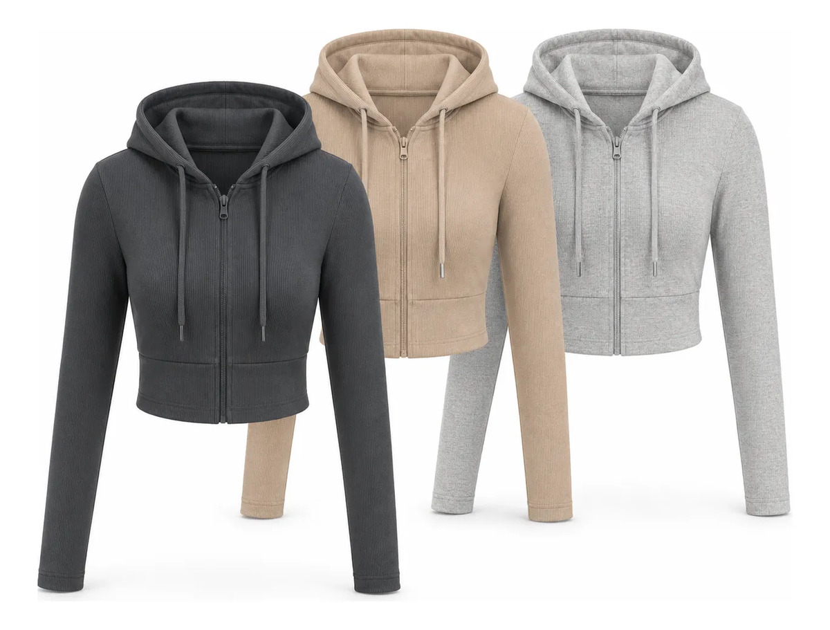 Set De 3 Pz Sudadera Corta Para Mujer Con Cierre Y Capucha