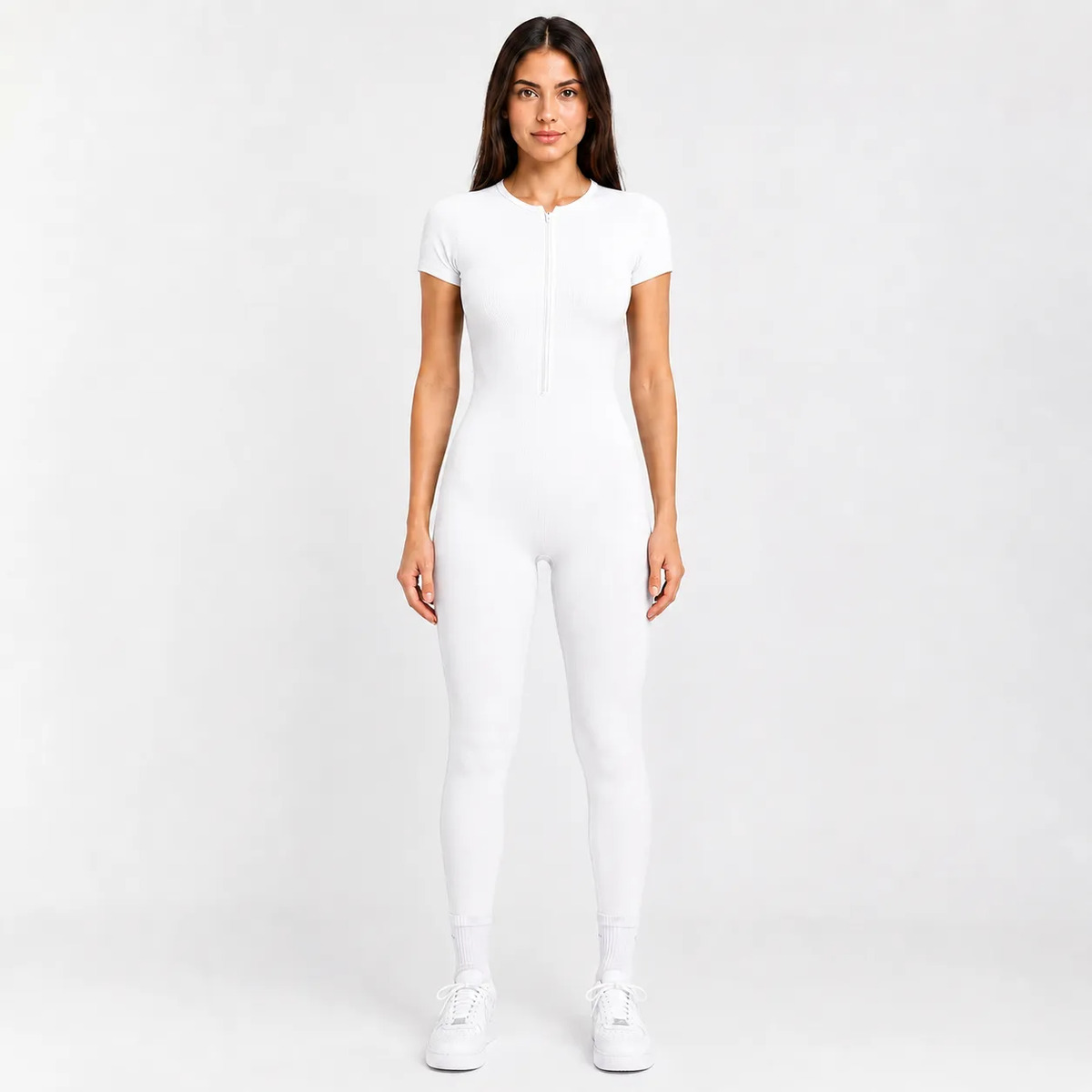Enterizo Pantalon Manga Corta Liso Con Cierre Frontal Mujer