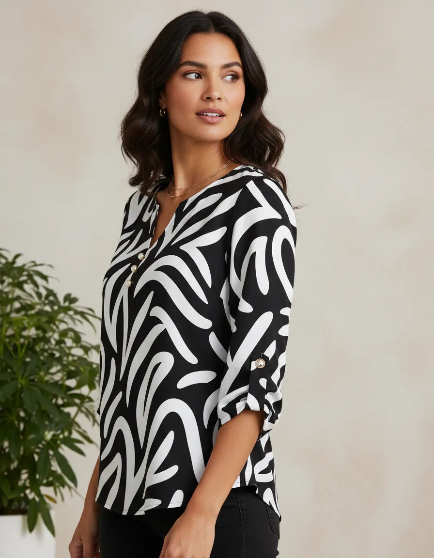 Blusa Estampada Cuello Boton Manga 3/4 Elegante Casual Dama