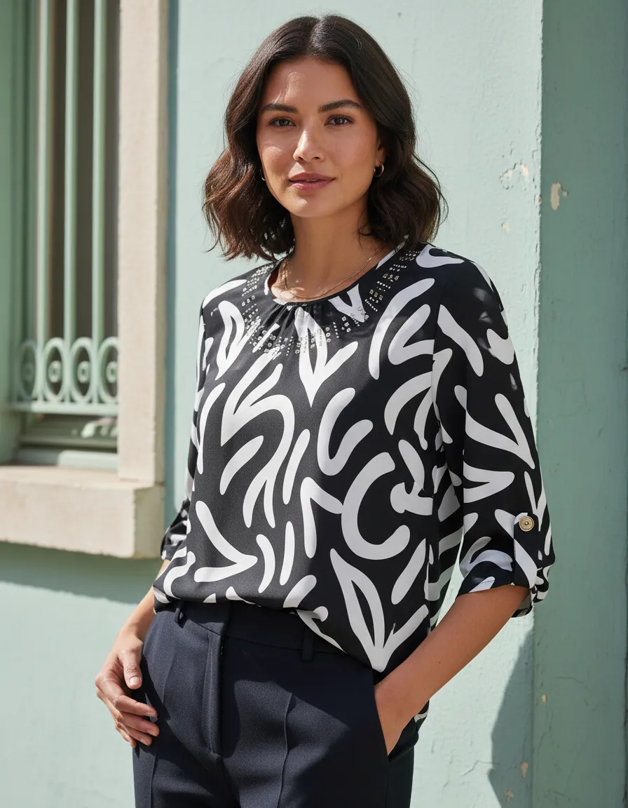 Blusa Estampada Cuello Pedrería Manga 3/4 Elegante Casual