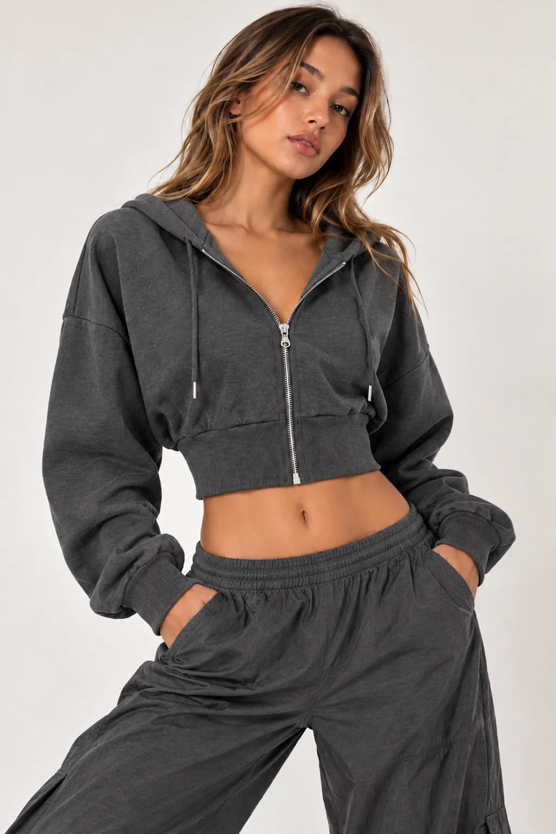 Hoodie Cintura Ajustada Con Cierre Y Capucha Ajustable Mujer
