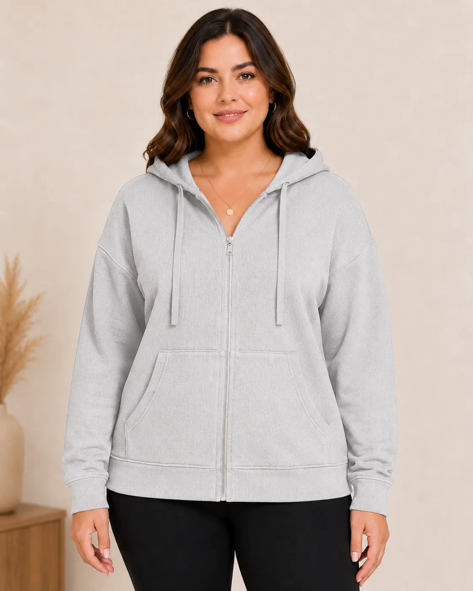 Sudadera Plus Size Para Dama Curvy Con Cierre Y Capucha Lisa