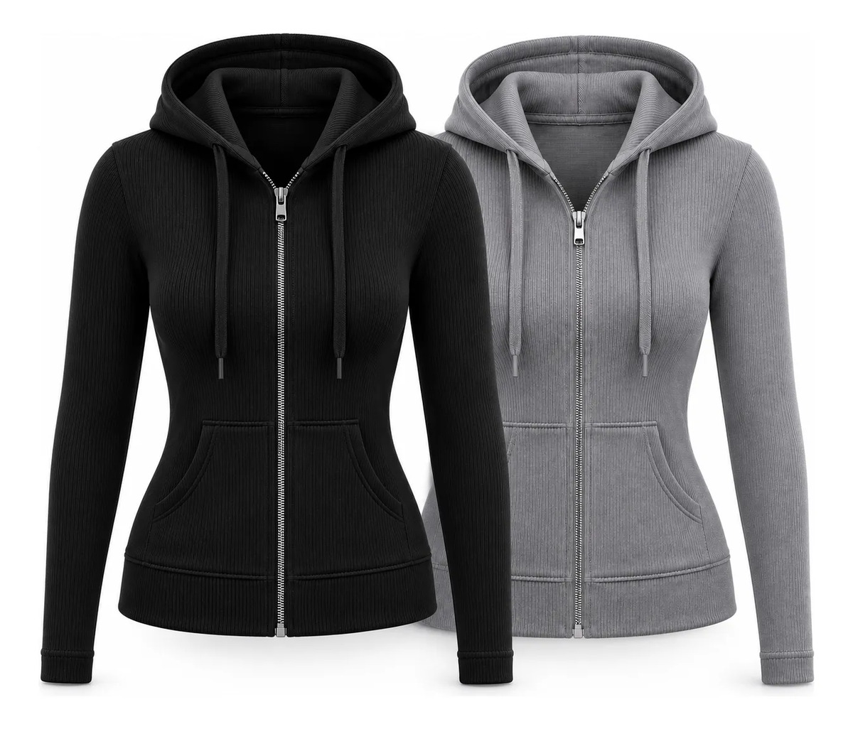 Set 2 Pz Sudadera Acanalada Para Dama Con Cierre Y Capucha