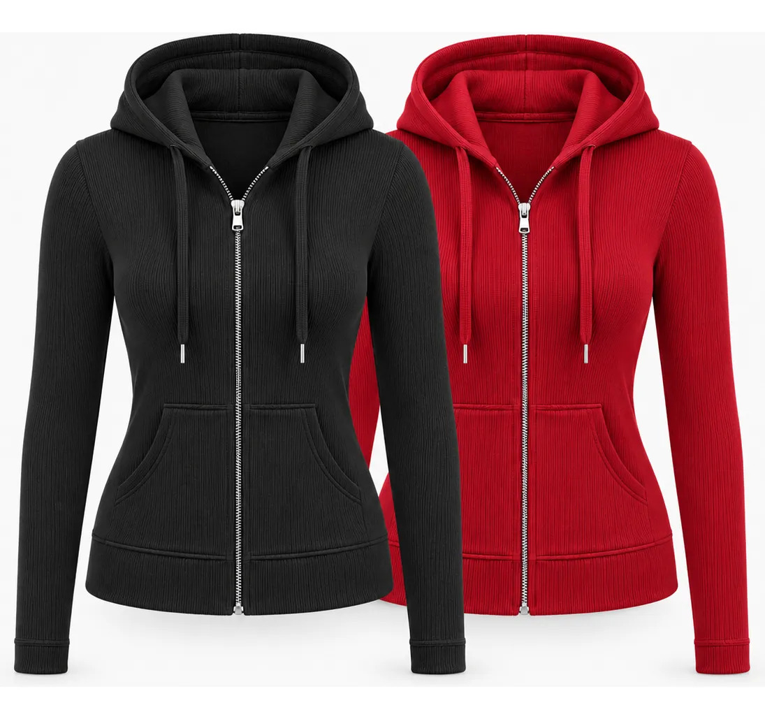 Set 2 Pz Sudadera Acanalada Para Dama Con Cierre Y Capucha