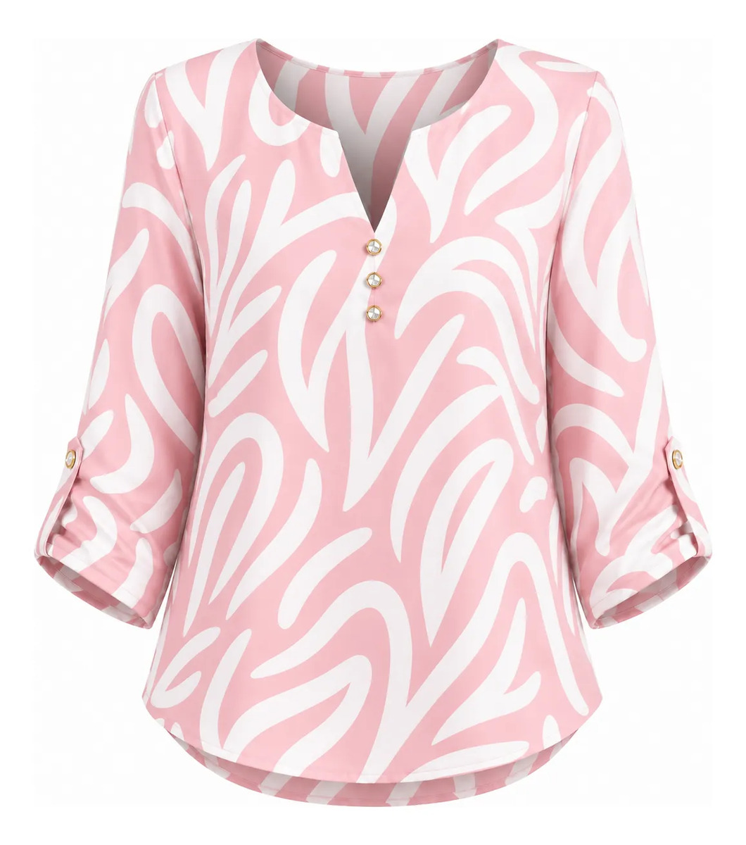 Blusa Estampada Cuello Boton Manga 3/4 Elegante Casual Dama