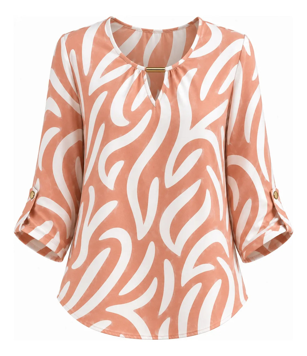 Blusa Lisa Dama Manga 3/4 Cuello Redondo Detalle Dorado