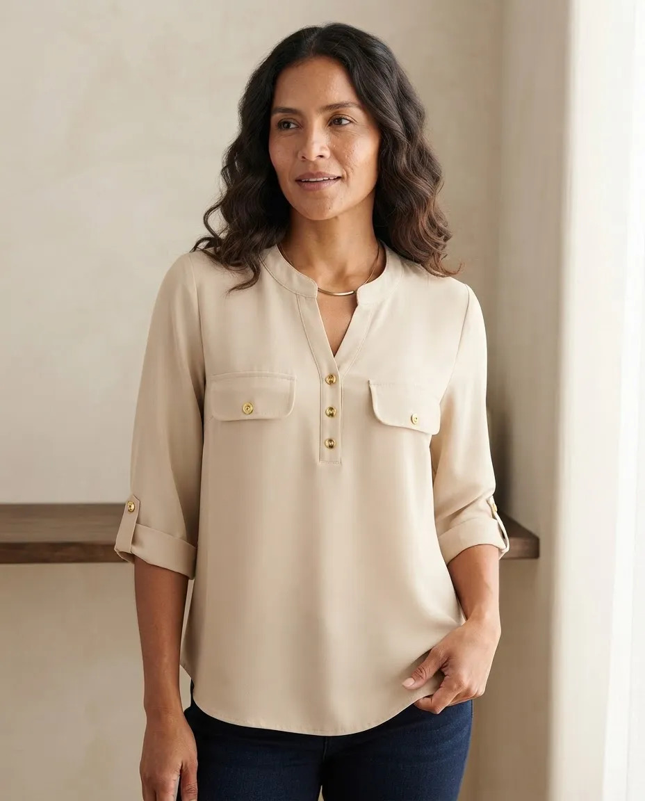 Blusa Cartera Boton Dorado Dama Manga 3/4 Cuello Mao Lisa