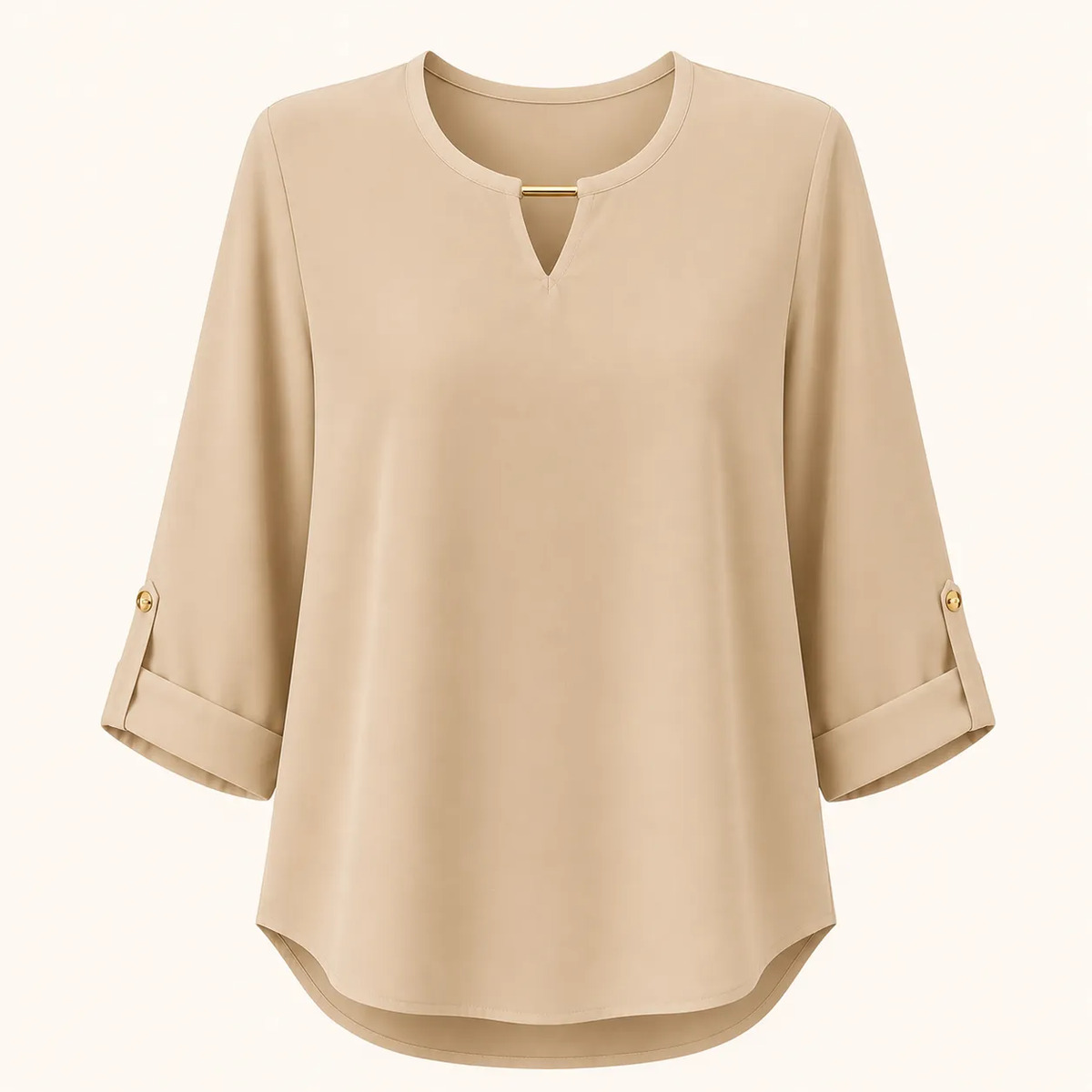 Blusa Lisa Dama Manga 3/4 Cuello Redondo Detalle Dorado