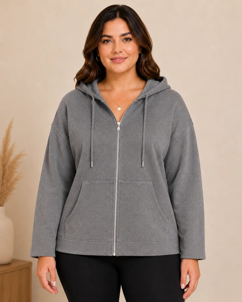 Sudadera Plus Size Para Dama Curvy Con Cierre Y Capucha Lisa