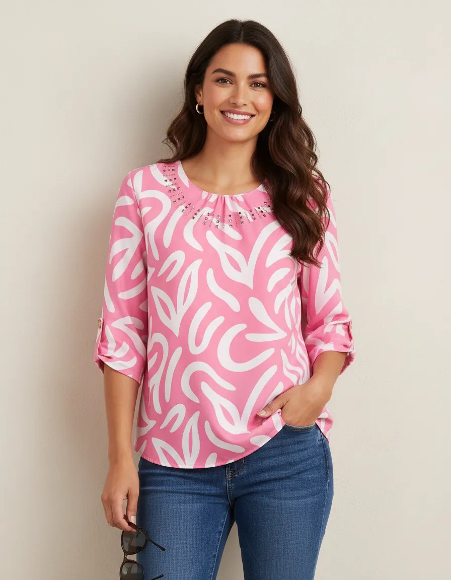 Blusa Estampada Cuello Pedrería Manga 3/4 Elegante Casual