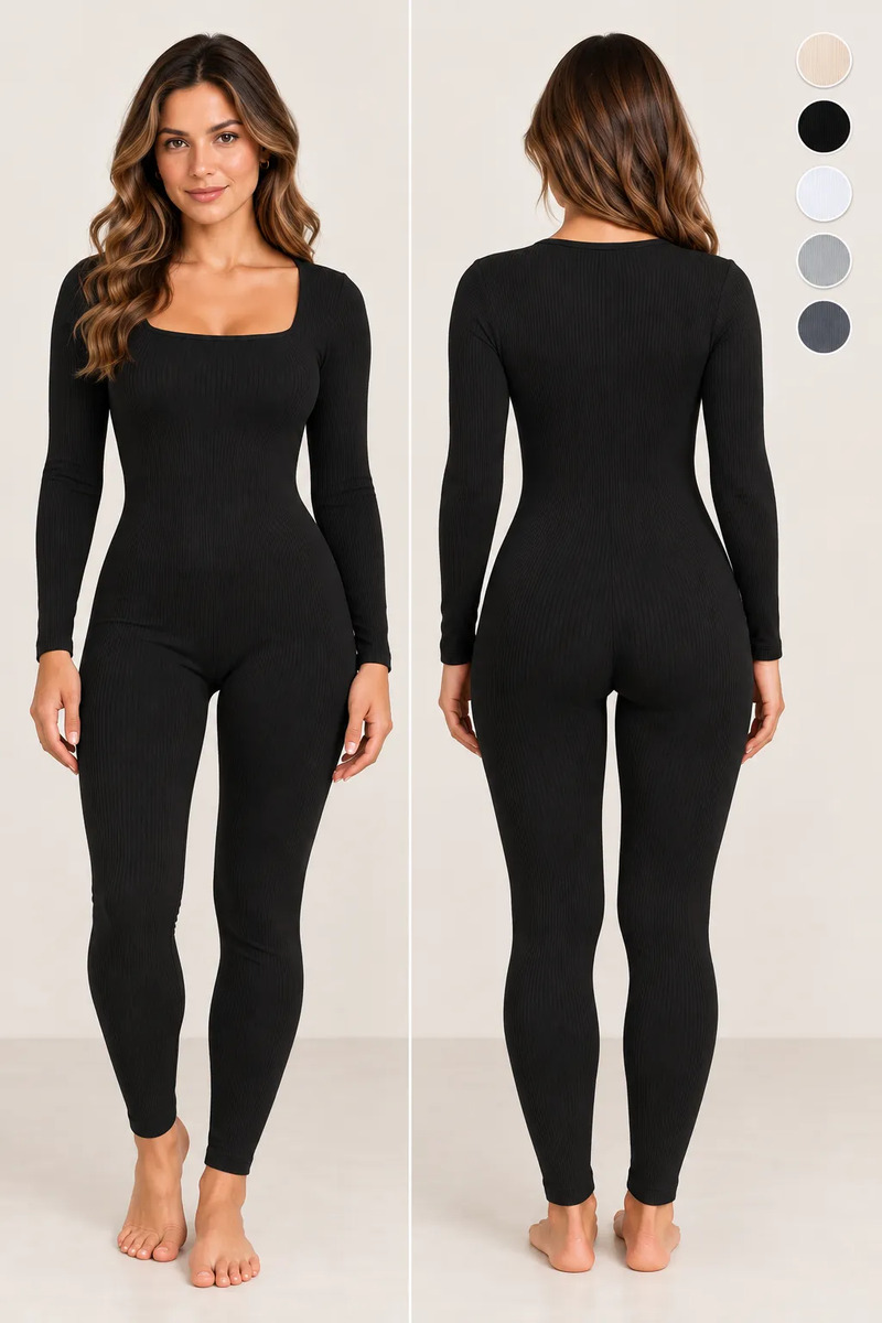 Enterizo Ajustado Pantalon De Cuello Redondo Liso Para Dama