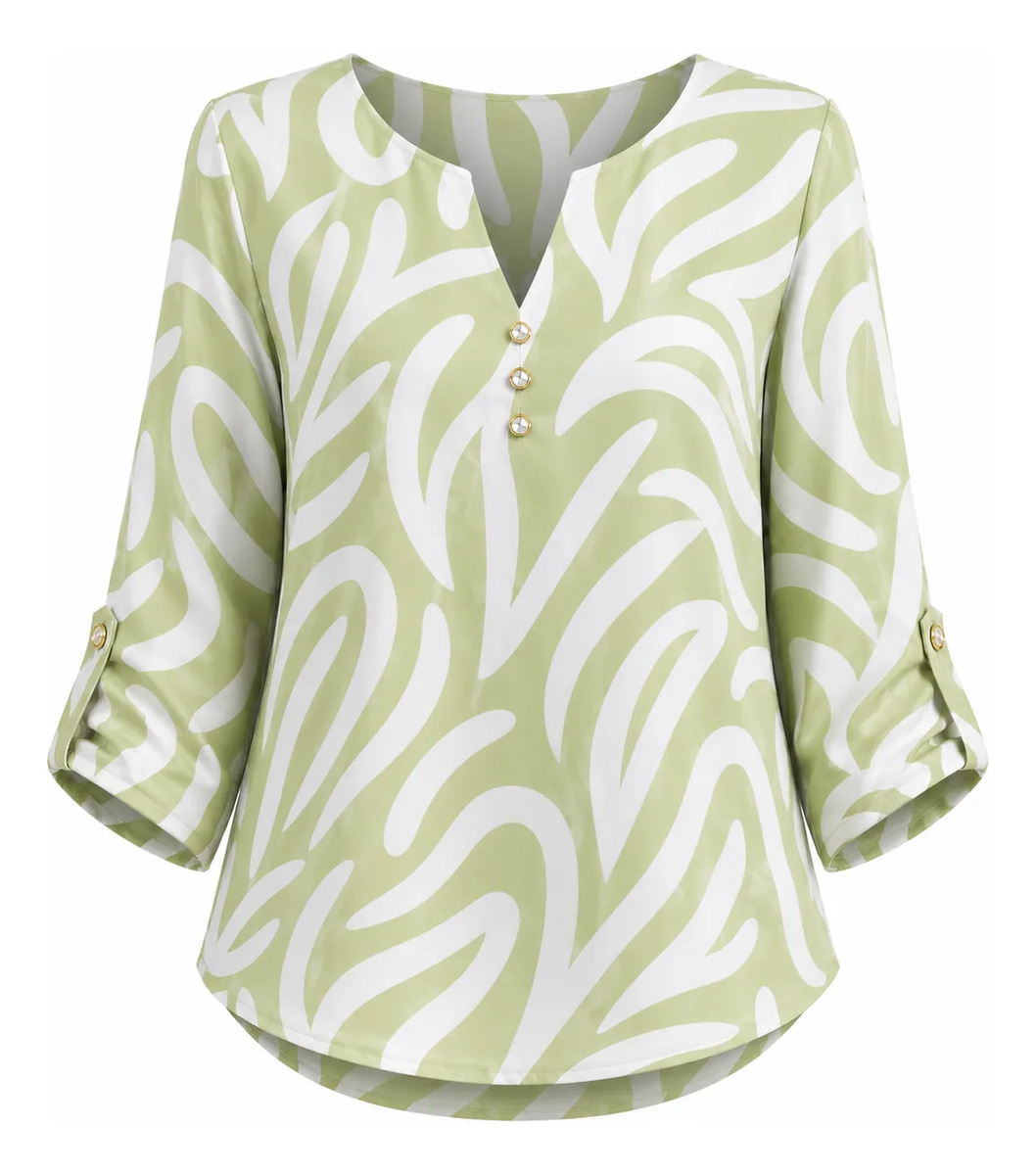Blusa Estampada Cuello Boton Manga 3/4 Elegante Casual Dama