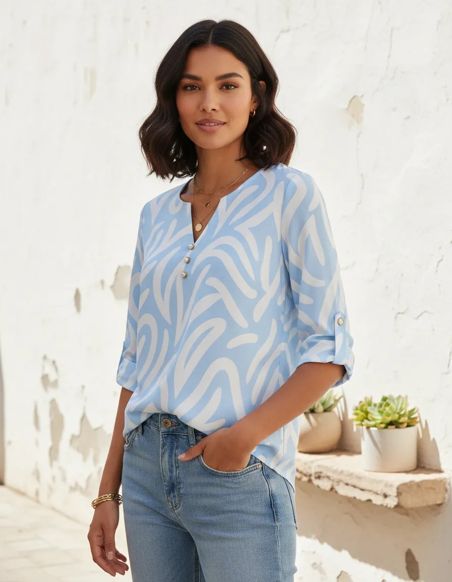 Blusa Estampada Cuello Boton Manga 3/4 Elegante Casual Dama
