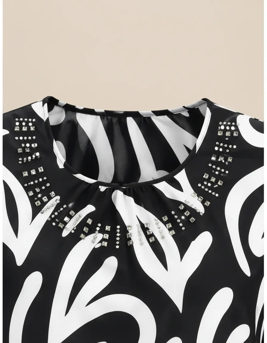 Blusa Estampada Cuello Pedrería Manga 3/4 Elegante Casual