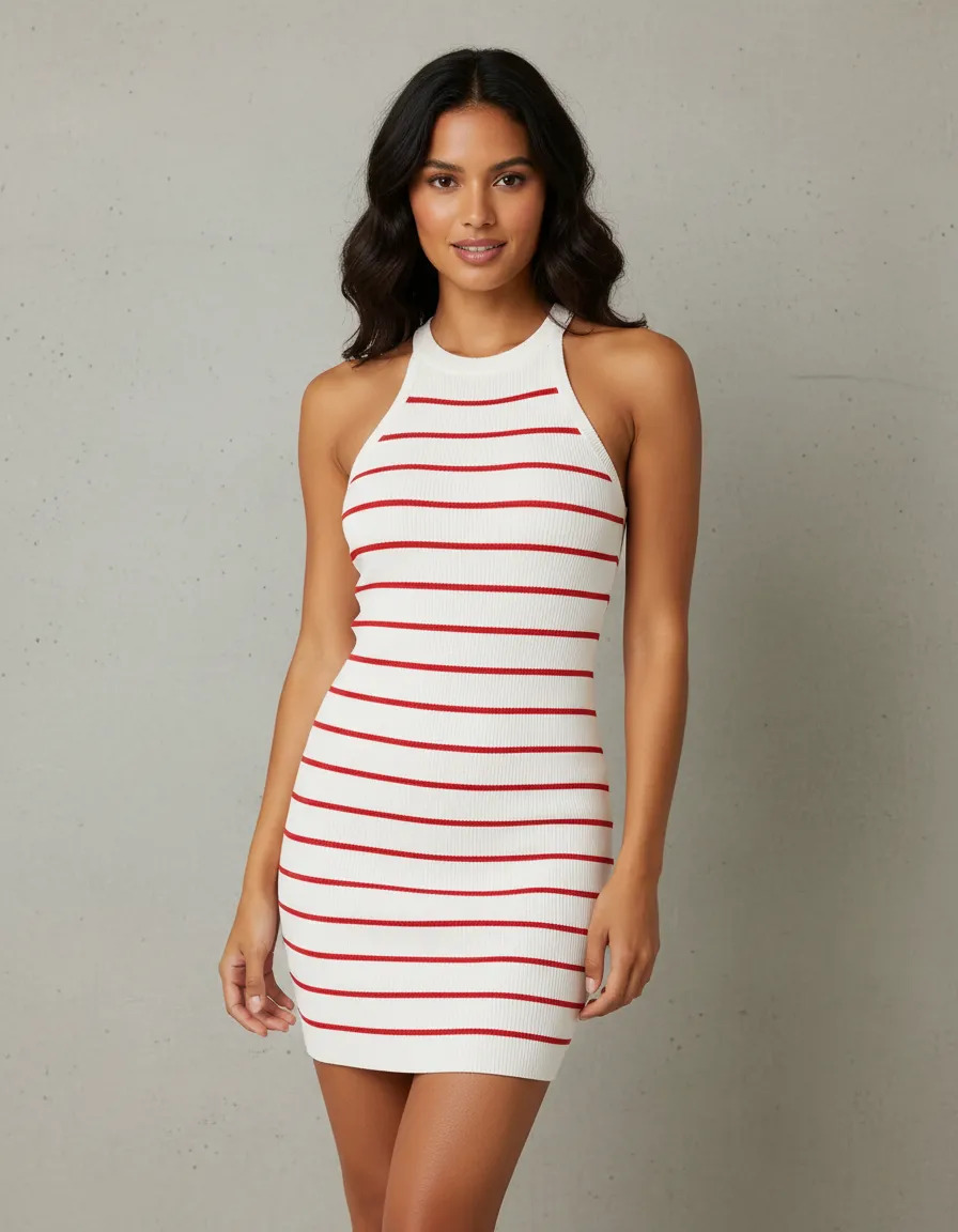 Vestido Corto De Rayas Acanalado Ajustado Con Cuello Halter