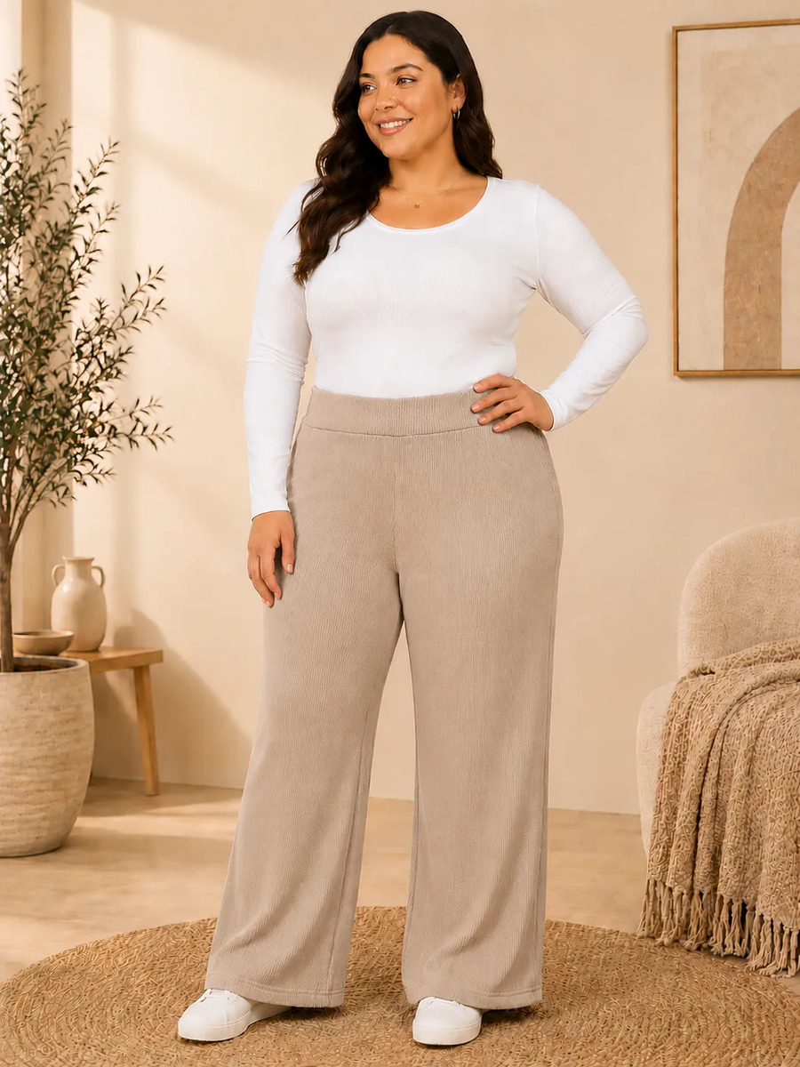 Pantalón Plus Size Corte Pierna Ancha Acanalado Para Dama