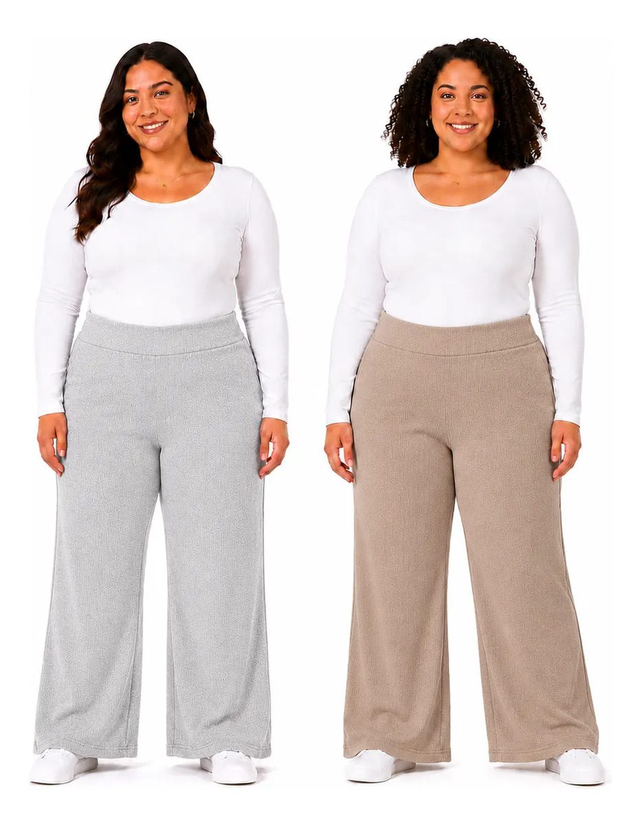 Set De 2 Pantalones Plus Size Elástico Pierna Ancha Acanalado