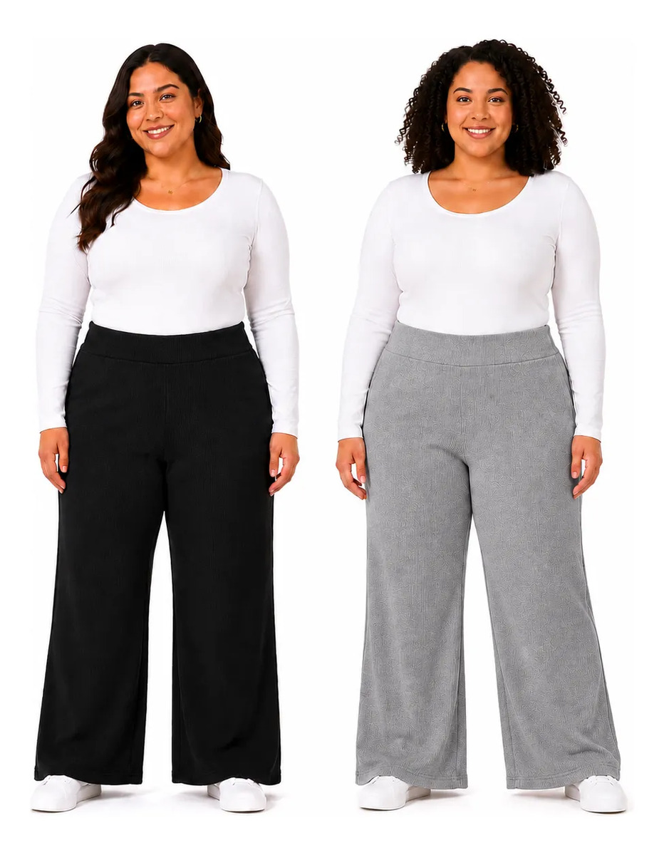 Set De 2 Pantalones Plus Size Elástico Pierna Ancha Acanalado