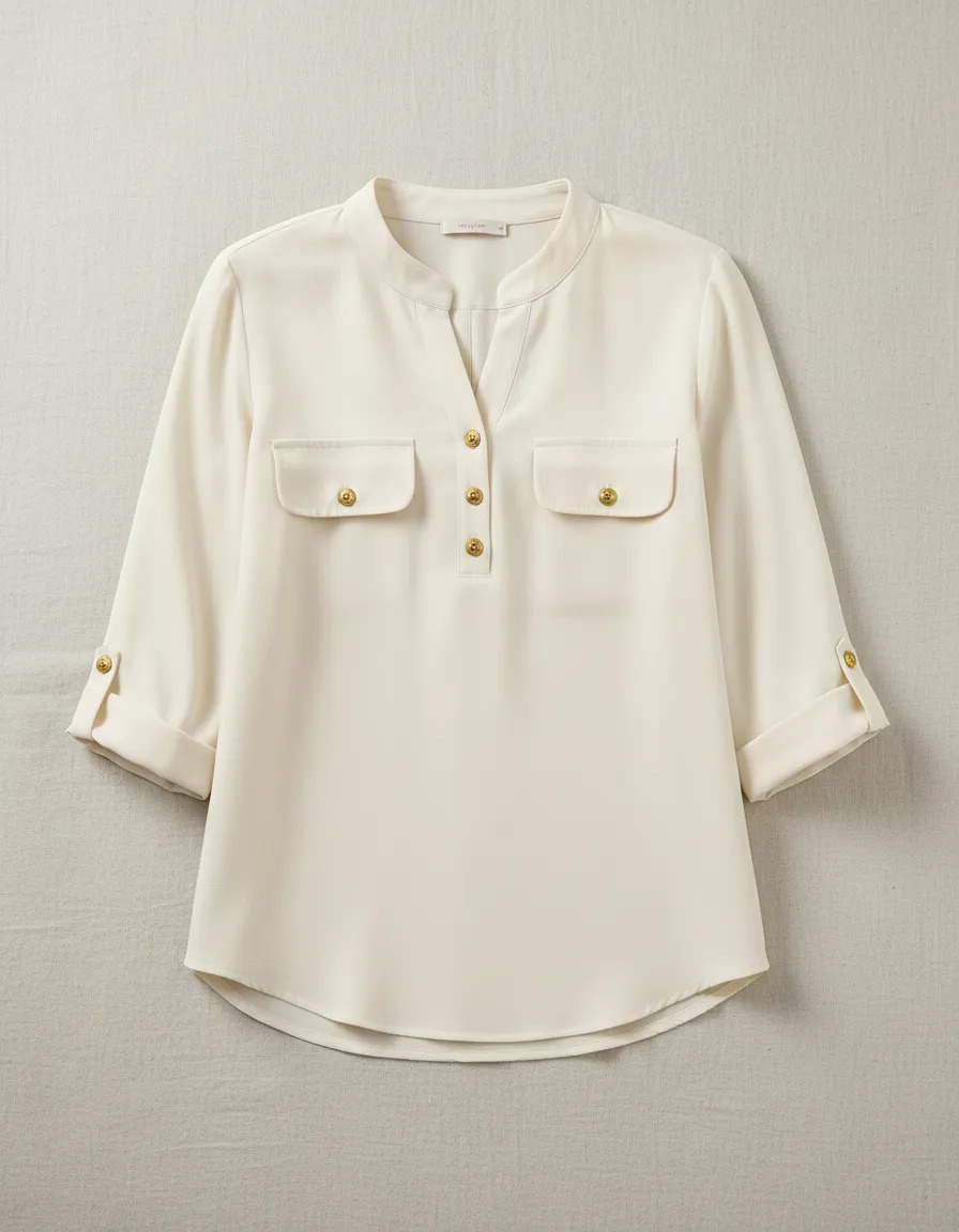 Blusa Cartera Boton Dorado Dama Manga 3/4 Cuello Mao Lisa