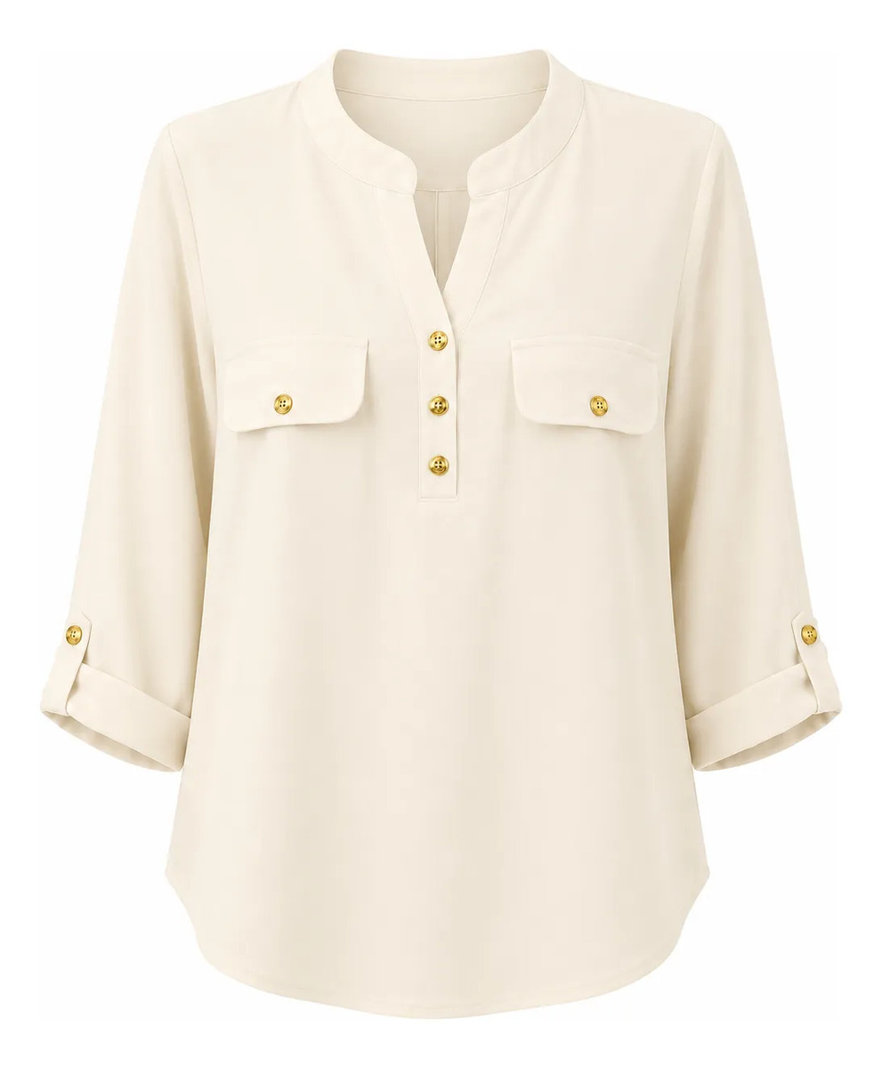 Blusa Cartera Boton Dorado Dama Manga 3/4 Cuello Mao Lisa
