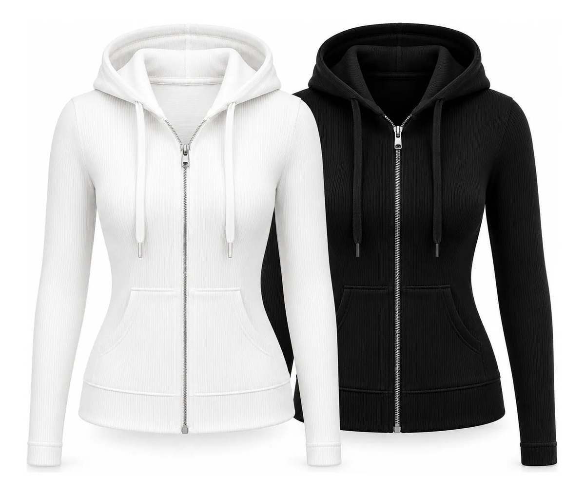 Set 2 Pz Sudadera Acanalada Para Dama Con Cierre Y Capucha