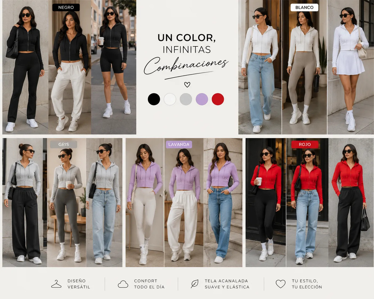 Pack 5 Pz Sudadera Crop Top Con Cierre Y Capucha Para Dama