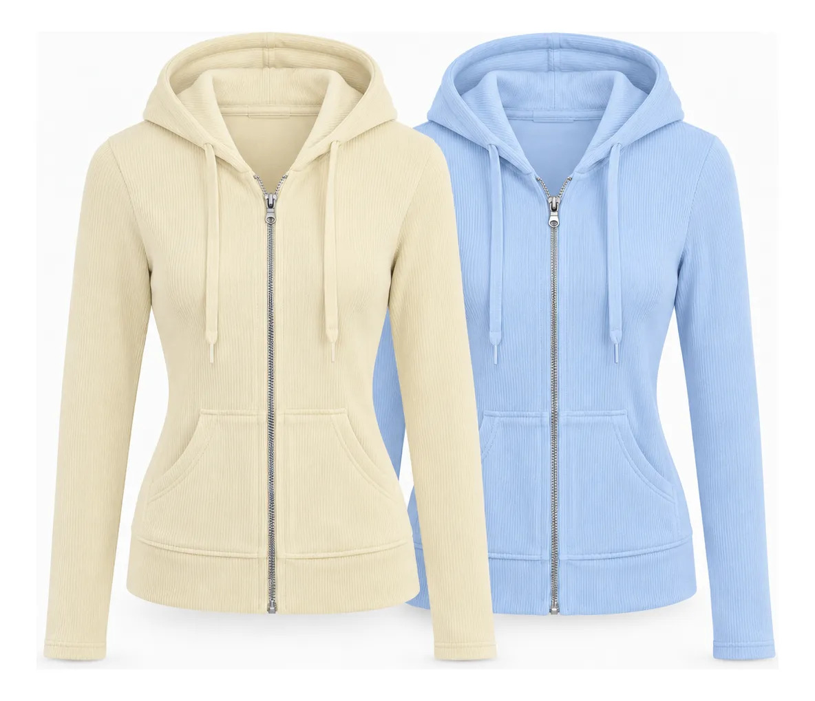 Set 2 Pz Sudadera Acanalada Para Dama Con Cierre Y Capucha