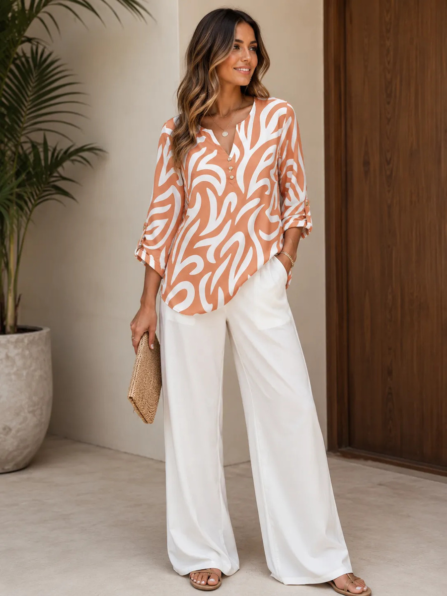 Blusa Estampada Cuello Boton Manga 3/4 Elegante Casual Dama