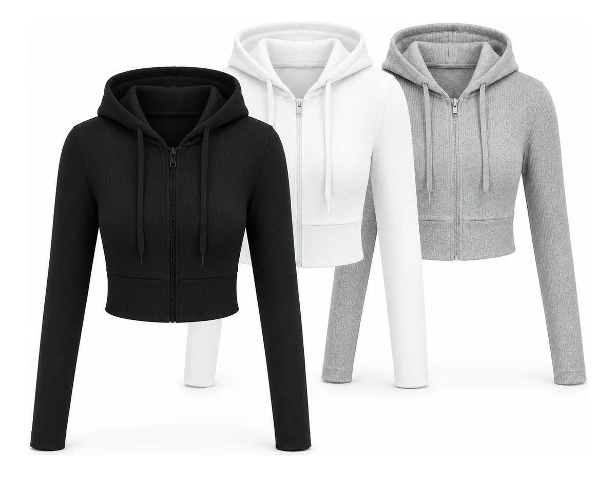 Set De 3 Pz Sudadera Corta Para Mujer Con Cierre Y Capucha