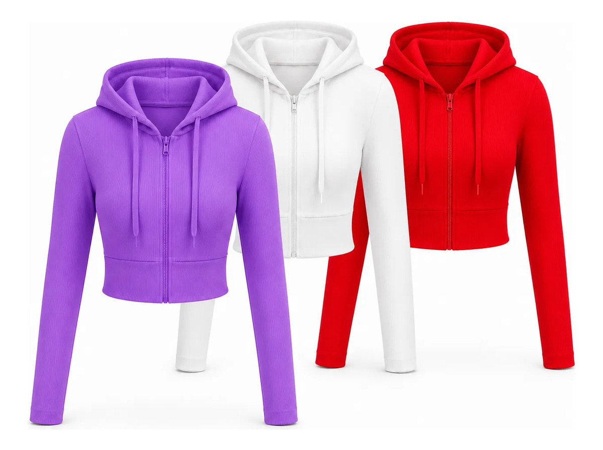 Set De 3 Pz Sudadera Corta Para Mujer Con Cierre Y Capucha