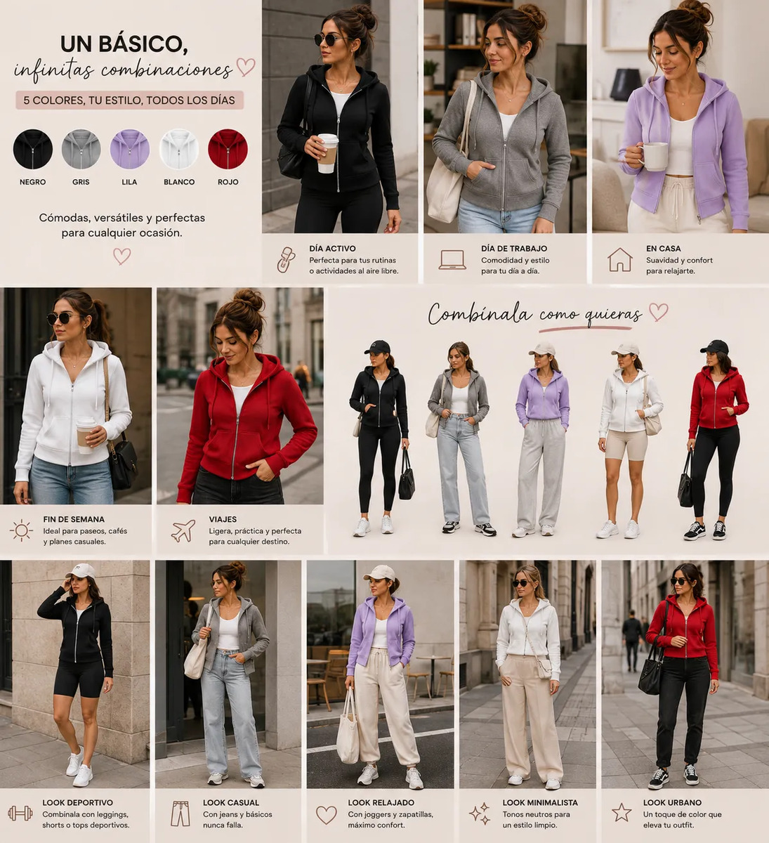 Pack 5 Pz Sudadera Acanalada Juvenil Bolsa Gorro Y Cierre