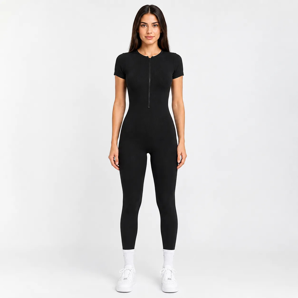 Enterizo Pantalon Manga Corta Liso Con Cierre Frontal Mujer
