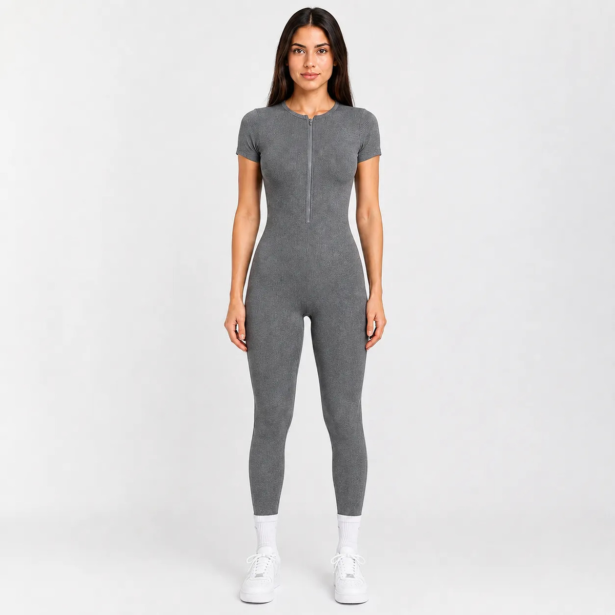 Enterizo Pantalon Manga Corta Liso Con Cierre Frontal Mujer