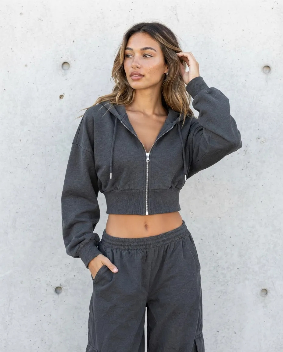 Hoodie Cintura Ajustada Con Cierre Y Capucha Ajustable Mujer