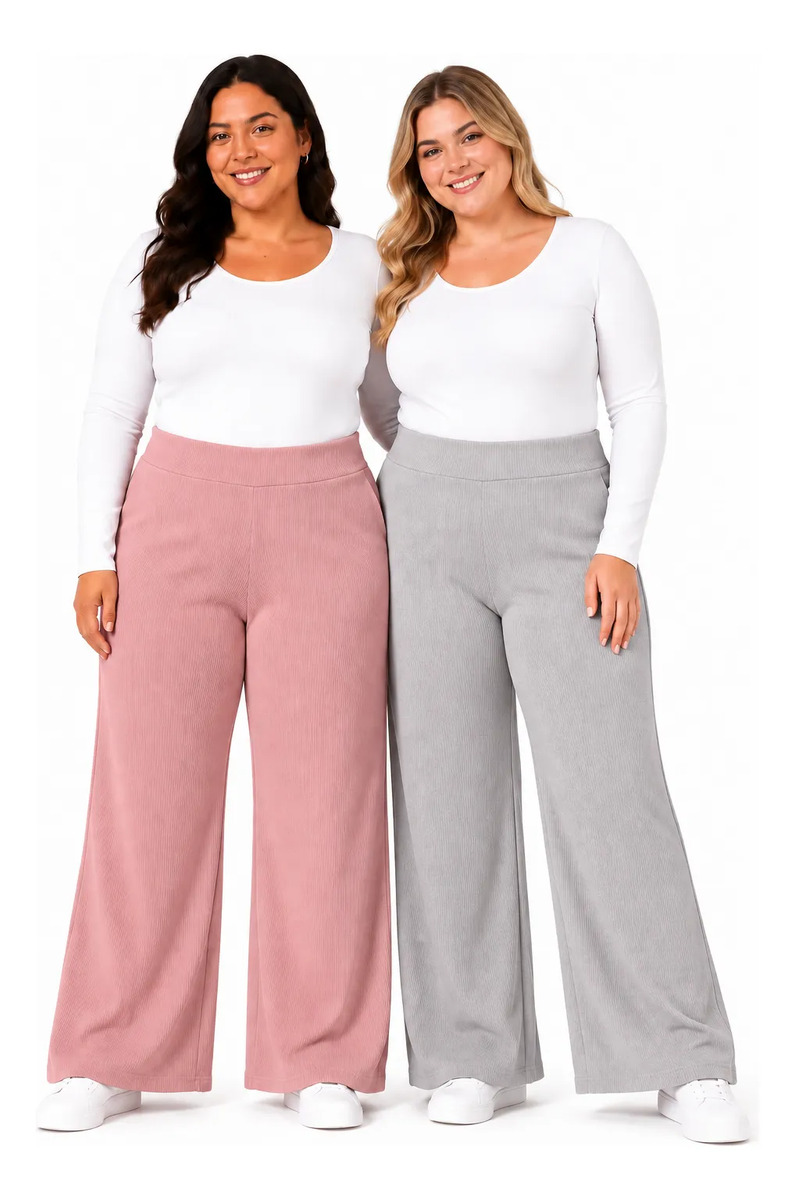 Set De 2 Pantalones Plus Size Elástico Pierna Ancha Acanalado