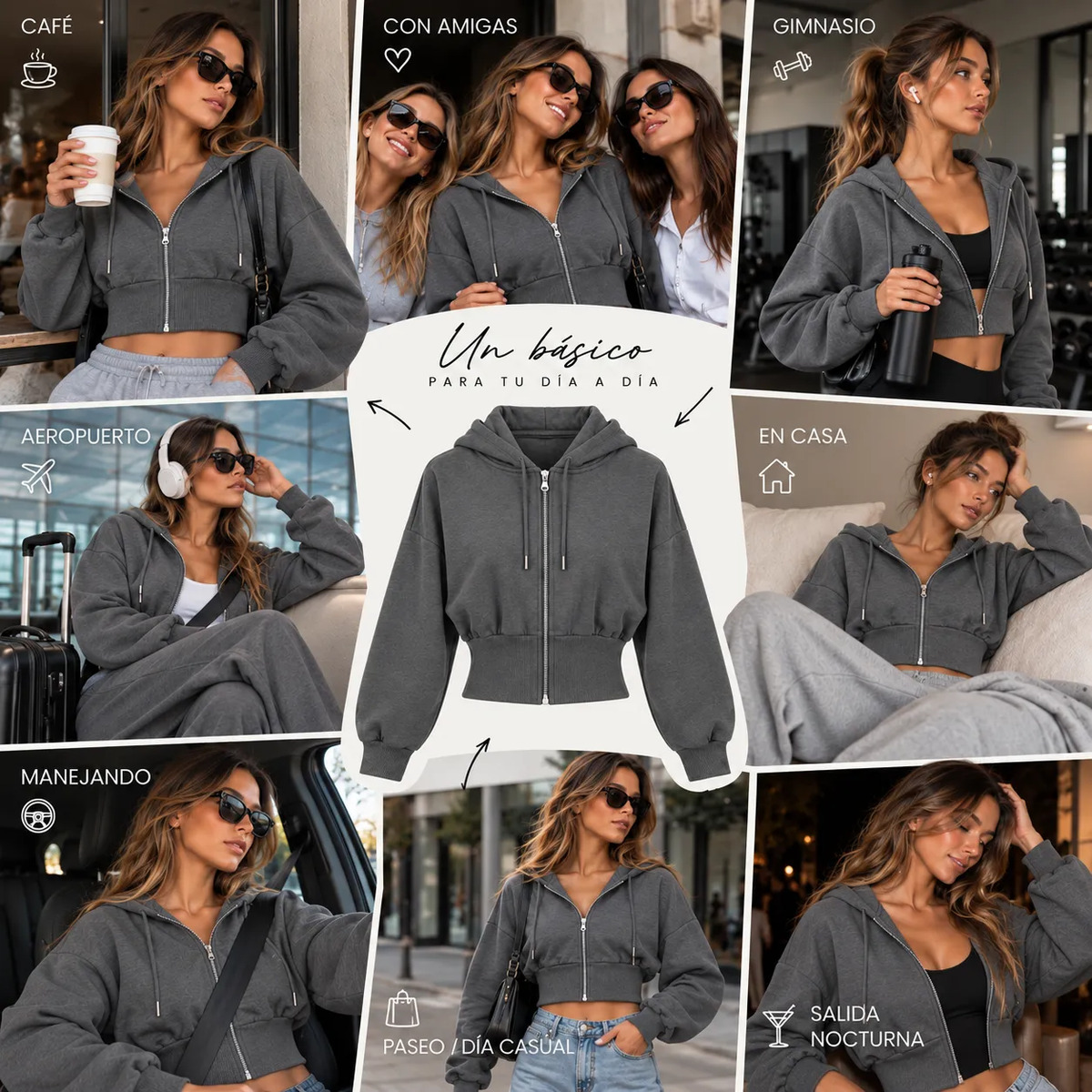 Hoodie Cintura Ajustada Con Cierre Y Capucha Ajustable Mujer