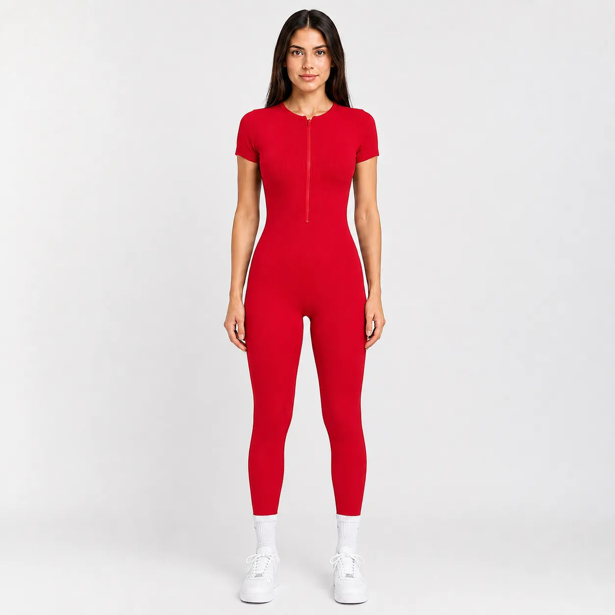 Enterizo Pantalon Manga Corta Liso Con Cierre Frontal Mujer