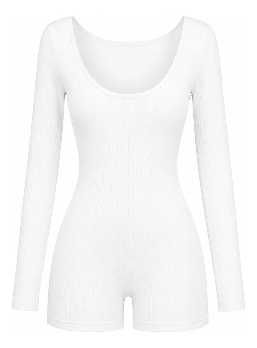 Enterizo Short Ajustado Manga Larga Cuello Redondo Para Dama