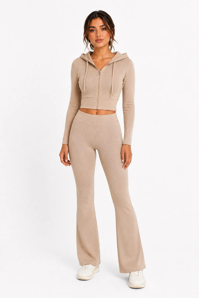 Conjunto 2 Pz Dama Acanalado Sudadera Y Leggins Acampanados