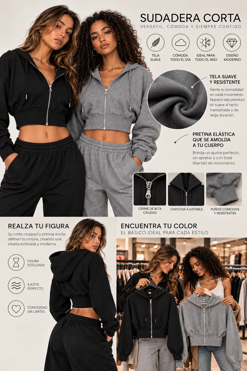 Set 2 Pz Hoodie Cintura Ajustada Cierre Y Capucha Ajustable