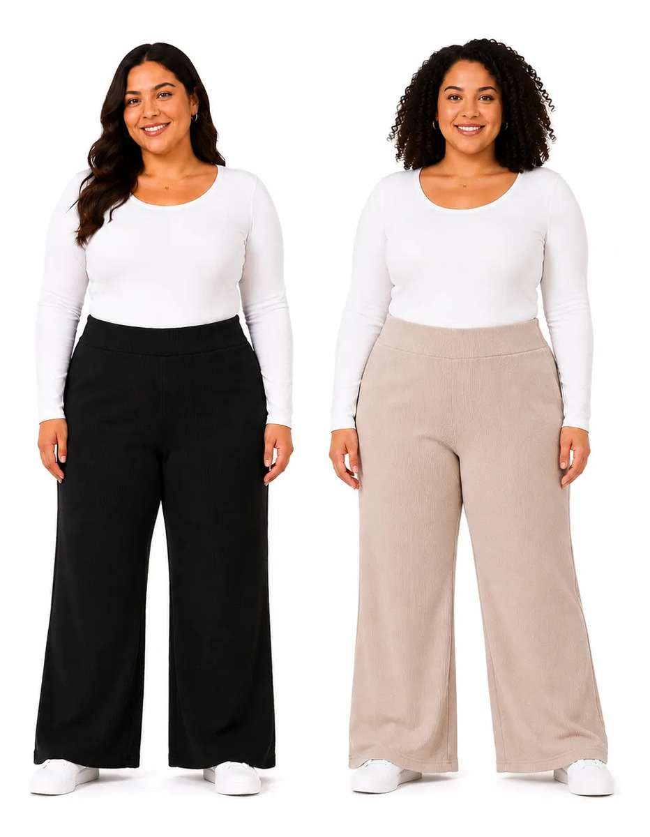 Set De 2 Pantalones Plus Size Elástico Pierna Ancha Acanalado