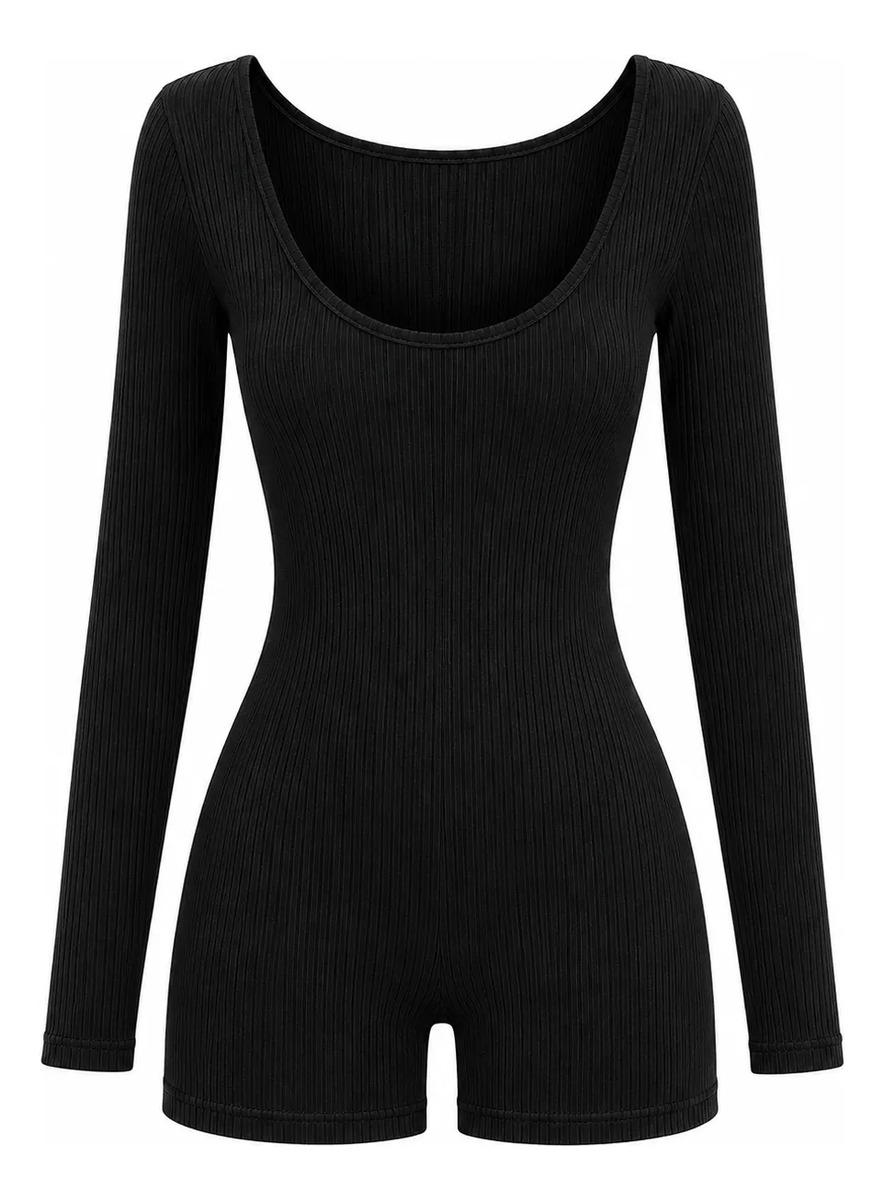 Enterizo Short Ajustado Manga Larga Cuello Redondo Para Dama