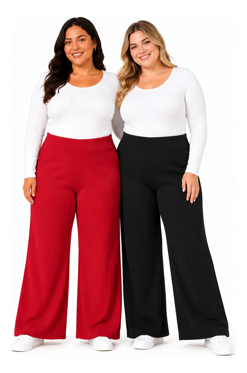 Set De 2 Pantalones Plus Size Elástico Pierna Ancha Acanalado