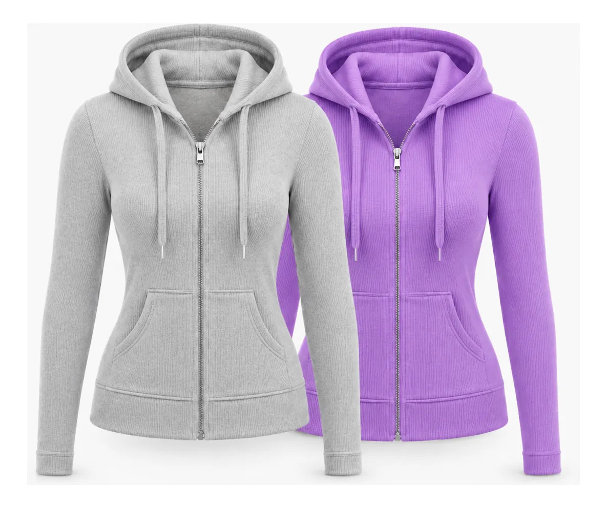 Set 2 Pz Sudadera Acanalada Para Dama Con Cierre Y Capucha